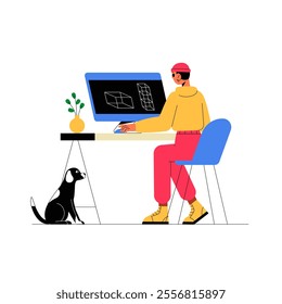 Male Designer Working On 3D Modeling At Desk With Computer In Flat Vector Illustration Symbolizing Creative Design, Innovation, And Technology, Isolated On White Background