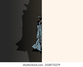 The male detective is hiding. The spy is watching the target. The scammer is somewhere nearby. Comic cartoon pop art retro vector illustration hand drawing