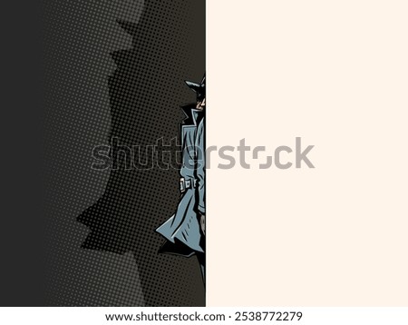 The male detective is hiding. The spy is watching the target. The scammer is somewhere nearby. Comic cartoon pop art retro vector illustration hand drawing