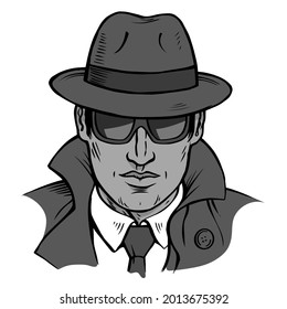 Male detective investigating. Dressed in a retro raincoat and hat. Wearing black glasses. Vector cartoon isolated illustration pop art. Hand drawn outline black and white