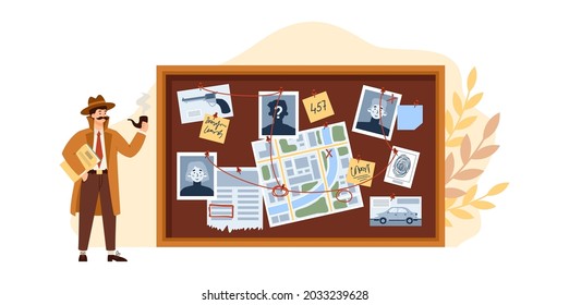 Male detective look on investigation board with scheme investigate and pinned photos, notes and newspapers. Investigator solve crime and search criminals. Flat vector illustration.