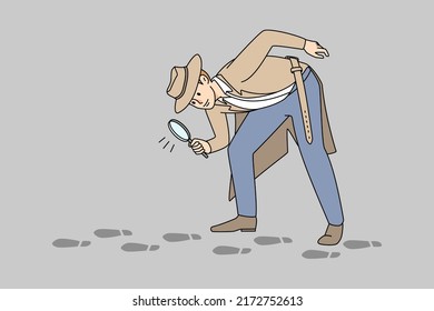 Male detective with magnifying glass explore footsteps on ground. Man officer investigate crime. Successful investigation. Vector illustration. 