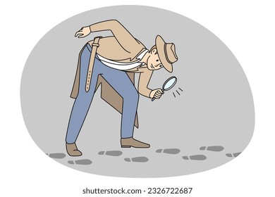 Male detective with magnifying glass explore footsteps on ground. Man officer investigate crime. Successful investigation. Vector illustration.