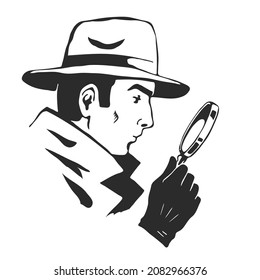 Male detective with a magnifying glass in his hand. On the head is a hat. Investigation and search for evidence. Vector black and white sketch illustration