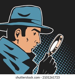 Un detective macho con una lupa en la mano. En la cabeza hay un sombrero. Investigación y búsqueda de pruebas. Dibujo vectorial ilustración pop art. fondo negro