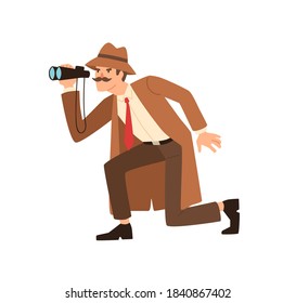 Male detective sneaking looking through binoculars during spy vector flat illustration. Private agent in coat and hat holding surveillance equipment isolated. Observation and investigation