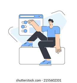 Male developer checking internet service software connect management vector flat illustration. Man user programmer browsing settings websites interface web development professional analyzing