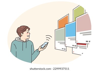 Male developer create web application develop creative interface. Man programmer work with mobile app for program software optimization. Programming and coding. Vector illustration.