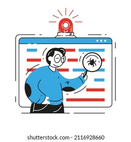 Error de corrección de programadores masculinos en código que utiliza la lupa de la ilustración plana del vector de vidrio. Hombre ingeniero de software que encuentra virus en el sitio web de aislamiento suave. Garantía de calidad, optimización, programa de depuración