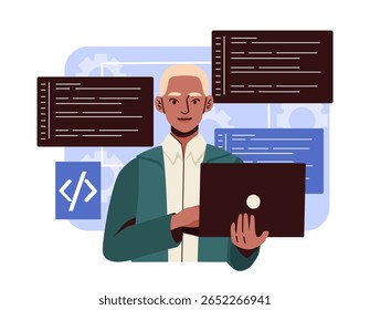 Male developer holding a laptop with floating code blocks, flat graphic style, on a white background. Concept of software development and programming. Vector illustration