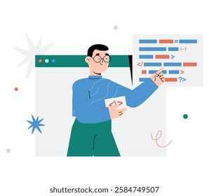 Male Developer Writing Code In Flat Vector Illustration Symbolizing Programming, Software Engineering, And Web Development, Isolated On White Background.