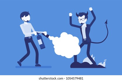 Male devil exorcism. Expulsion of an evil spirit from a man with a fire extinguisher, driving out a demon rite, ritual or spiritual beliefs ceremony. Vector illustration with faceless characters