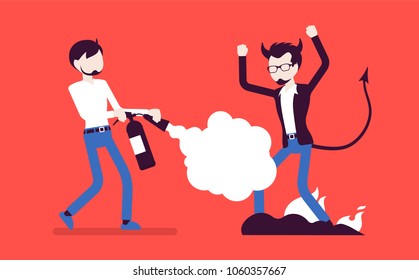 Male devil exorcism. Expulsion of an evil spirit from a man with a fire extinguisher, driving out a demon rite, ritual or spiritual beliefs ceremony. Vector illustration with faceless characters