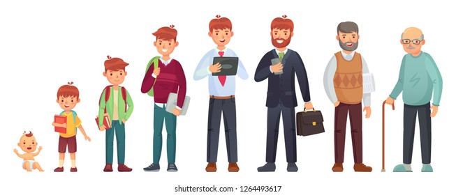 Male Different Age. Newborn Baby, Teenage Boy And Student Ages, Adult Man And Old Senior. People Generations Or Male Aging Process. Kid, Student And Adult Man, Life Cycle Isolated Vector Illustration