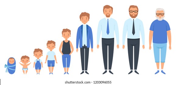 Male different ages. Newborn teenage boy man person old grandfather adult peoples vector clipart isolated. Generation male character, growing and development process illustration