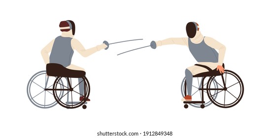 Male disabled athletes fencing sitting in wheelchair vector flat illustration. Athletic men with amputated legs hold foils or epee swords isolated on white. Duel of sportsmen with disabilities.