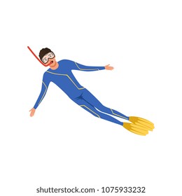 Male diver with a scuba diving suit and flippers, water sport activity vector Illustration on a white background
