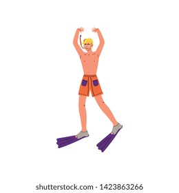 Male Diver with Scuba and Flippers, Young Man Enjoying Summer Vacation Vector Illustration