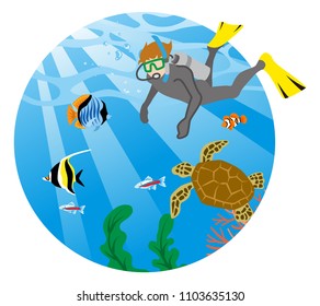 Male Diver and sea life - circular clip art