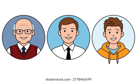 Male diverse age profiles collection in flat rounded format, representing senior citizen, worker, teenager, and student.