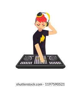 Male DJ in headphones playing track and mixing music on mixer console deck vector Illustration on a white background