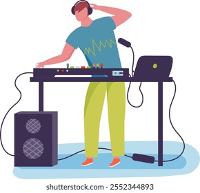 El dj masculino toca música apasionadamente en una consola de mezclas y una computadora portátil, creando una atmósfera enérgica en una fiesta animada.