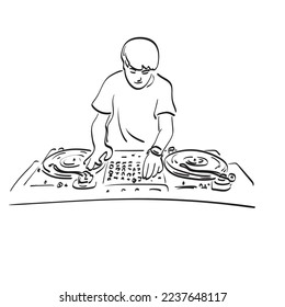 Male DJ playing turntable illustration vector hand drawn isolated on white background line art.