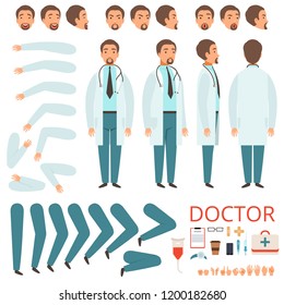 Male doctor animation. Hospital staff character body parts legs arms clothes healthcare items vector collection. Character medical animation, medicine doctor illustration