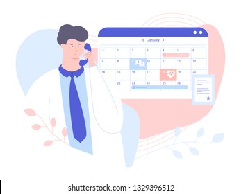 Male Doctor Answers The Phone. He Checks The Schedule To Make An Appointment With The Patient. Calendar And Diploma Of Education. Vector Illustration For Landing Pages And Banners.