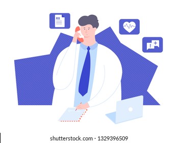 Male doctor answers the phone. Online consultation. Work in the clinic. On the desktop is a laptop and paper, around medical icons. Vector illustration for landing pages and printed materials.
