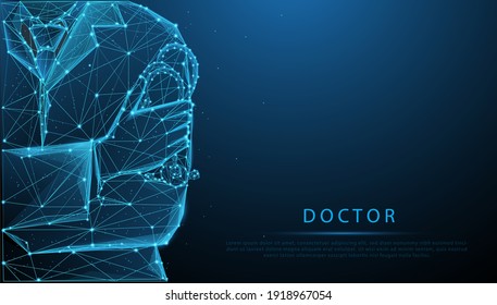 Male Doctor With Arms Crossed Holding Stethoscope with copy space. Healthcare and medical concept. glowing blue. Low polygon or low poly design. Wireframe light connection structure.