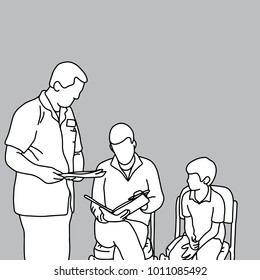 male doctor asking the parent to put signature on an informed consent document for his child vector illustration sketch hand drawn with black lines, isolated on gray background
