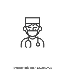 Male doctor avatar character line icon. linear style sign for mobile concept and web design. Doctor with stethoscope and medical uniform outline vector icon. Symbol, logo illustration. Pixel perfect