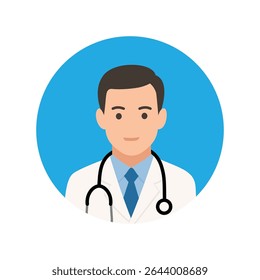 A male doctor avatar with a stethoscope in a flat design, perfect for healthcare, medical apps, or professional profiles.