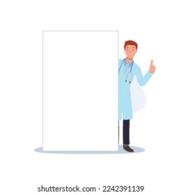 The male doctor is behind the blank board and show hand with thumb up. Flat vector cartoon character illustration