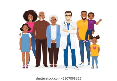 Male doctor with big African-American family vector illustration. Mother, father, daughter, son, grandfather, grandmother standing together isolated