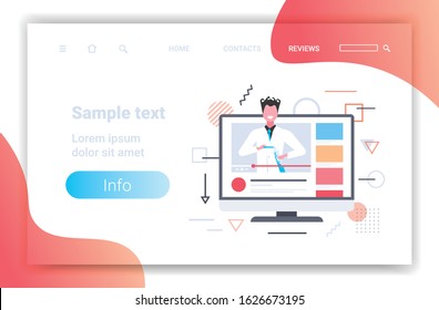 male doctor blogger holding test tubes with different liquids man scientist making experiment medicine blogging concept online video player on monitor screen horizontal copy space vector illustration