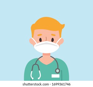 Male doctor with blonde hair wearing scrubs and a mask