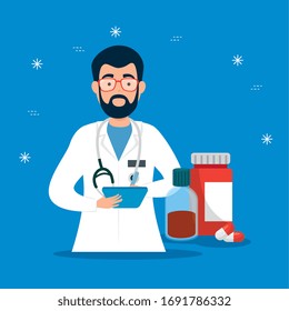 male doctor with bottles medicine vector illustration design