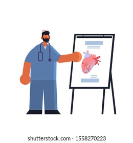 male doctor cardiologist in uniform presenting flip chart with human heart medicine healthcare concept hospital medical clinic worker with stethoscope full length flat vector illustration