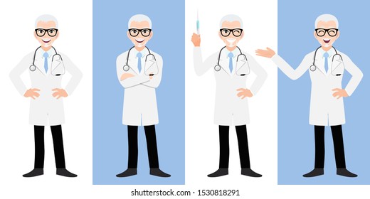 Male doctor cartoon character set, Old man or senior man doctor in different poses, medical worker or hospital staff. Doctor cartoon Flat icon on a white and blue background vector