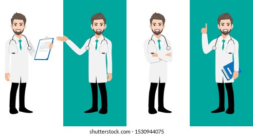 Male doctor cartoon character set, Handsame man doctor in different poses, medical worker or hospital staff. Doctor cartoon Flat icon on a white and green background vector