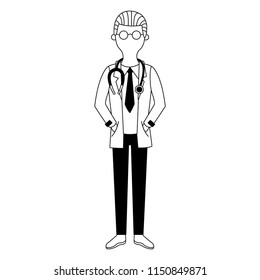 Male doctor cartoon faceless in black and white
