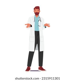 Male Doctor Character Appears Confused As He Shrugs, Expressing Uncertainty Or A Lack Of Knowledge In A Medical Situation Isolated on White Background. Cartoon People Vector Illustration