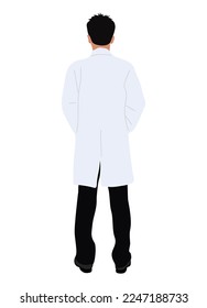 Carácter médico masculino de la vista posterior de la longitud completa. Profesional asiático de la salud con seguro de enfermedad usando un abrigo de laboratorio. Dibujo plano Vector ilustración realista aislado en fondo blanco.