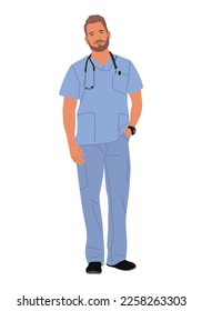 Male doctor character. Confident healthcare professional, therapist, surgeon wearing blue medical uniform with stethoscope. Handsome young bearded man. Vector realistic illustration isolated on white.