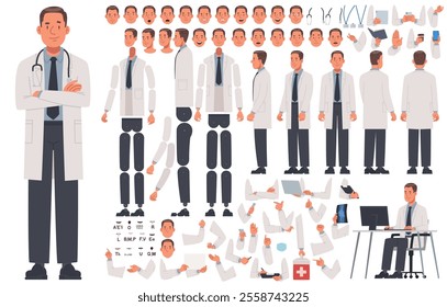 Male doctor character constructor. Set of different hand, leg and body positions to create animation or your own illustrations. DIY kit. Vector illustration in flat style