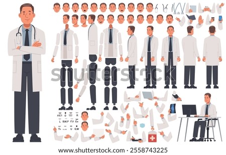 Male doctor character constructor. Set of different hand, leg and body positions to create animation or your own illustrations. DIY kit. Vector illustration in flat style