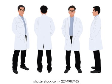 Carácter médico masculino en diferentes poses - frontal, lateral, posterior vista completa. Profesional asiático de la salud con confianza usando anteojos y bata de laboratorio. Ilustración vectorial realista aislada en blanco.