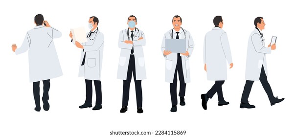 Male doctor character in different poses vector.